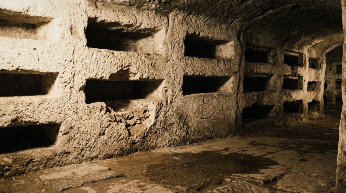 Empty burial niches cut in rows into pale tufa on a Rome underground tour of the Appian Way catacombs