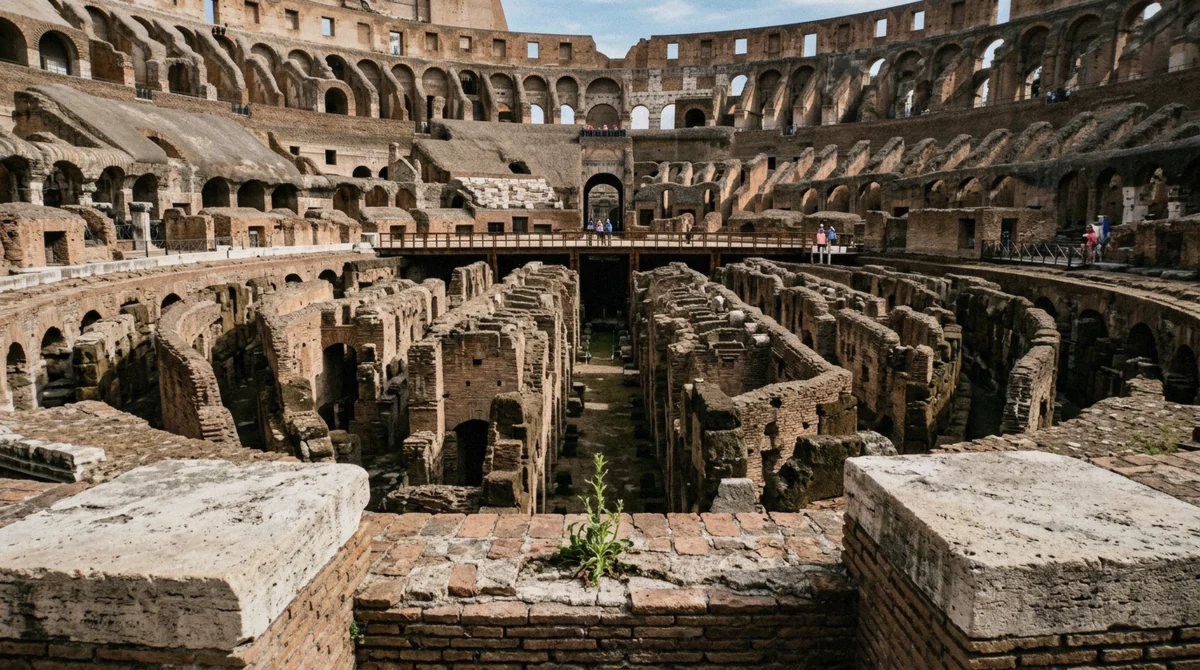 Brick service corridors of the Colosseum hypogeum seen from the arena rim on a Rome underground tour