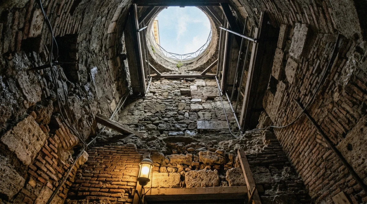 Excavated shaft showing Roman brick below medieval stone below a modern street, the layers plotted on the underground Rome map