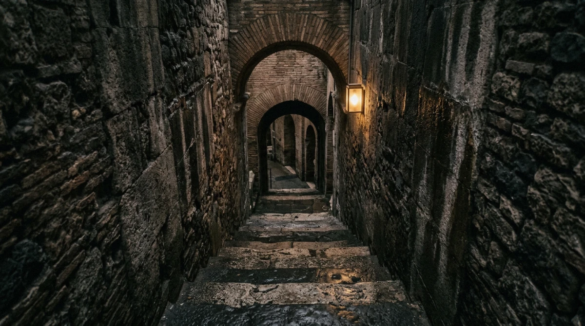 Damp stone stairway descending between stacked church levels on a Rome underground tour at San Clemente